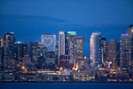 SEATTLE, WA - APRIL 06: The Seattle skyline is seen at sunset on April 6, 2020 in Seattle, Washington. Windows of the Hyatt Regency Hotel are lit up in the shape of a heart. Washington State Governor Jay Inslee extended the Stay at Home order until May 4th to help slow the spread of coronavirus (COVID-19). (Photo by Karen Ducey/Getty Images)