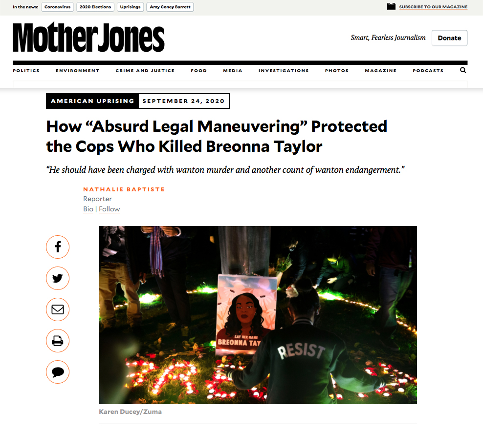 {quote}How “Absurd Legal Maneuvering” Protected the Cops Who Killed Breonna Taylor{quote}, photo for ZUMA Press published in Mother Jones, September 24, 2020