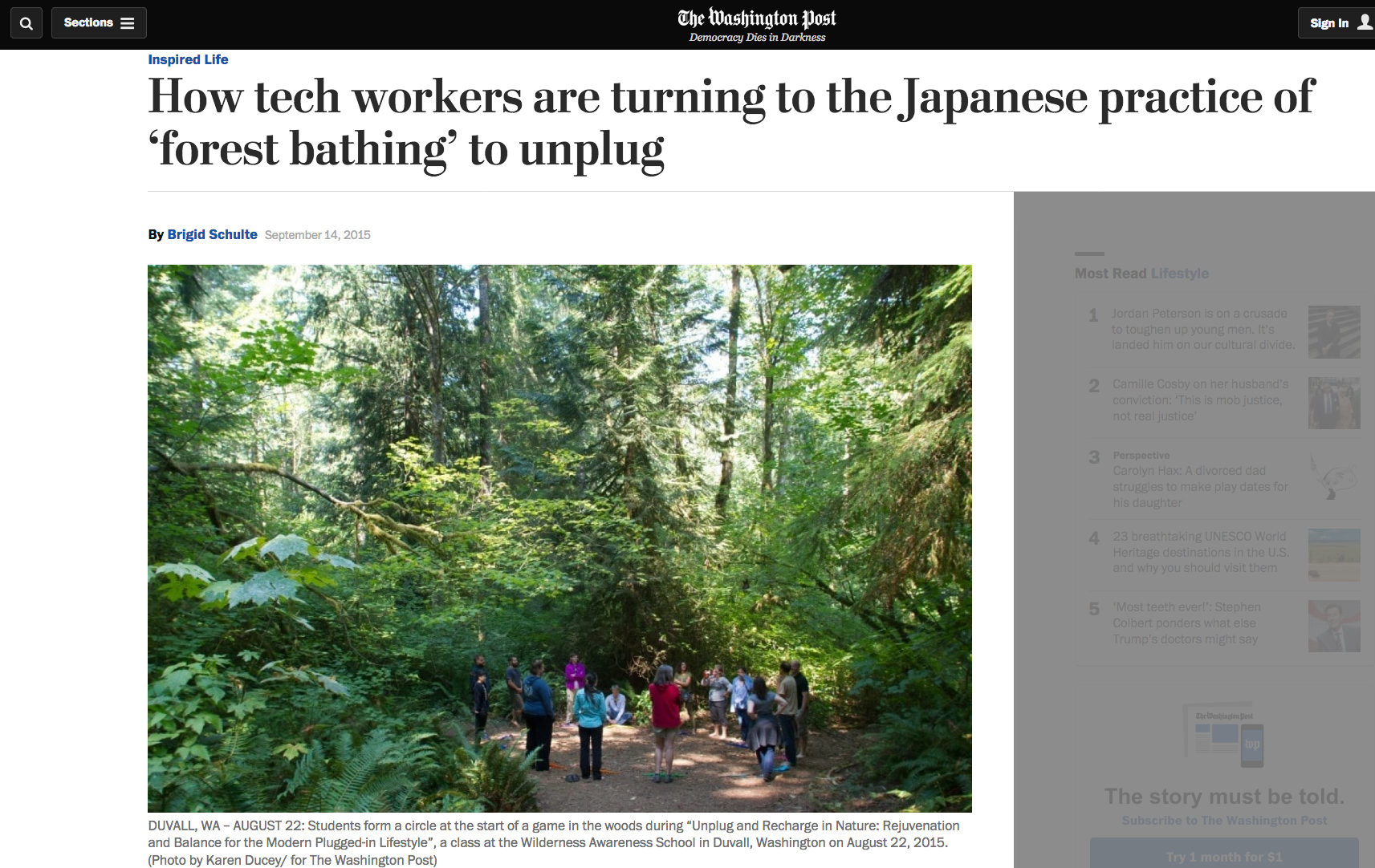 How tech workers are turning to the Japanese practice of ‘forest bathing’ to unplug   for the Washington Post, September 14, 2015.