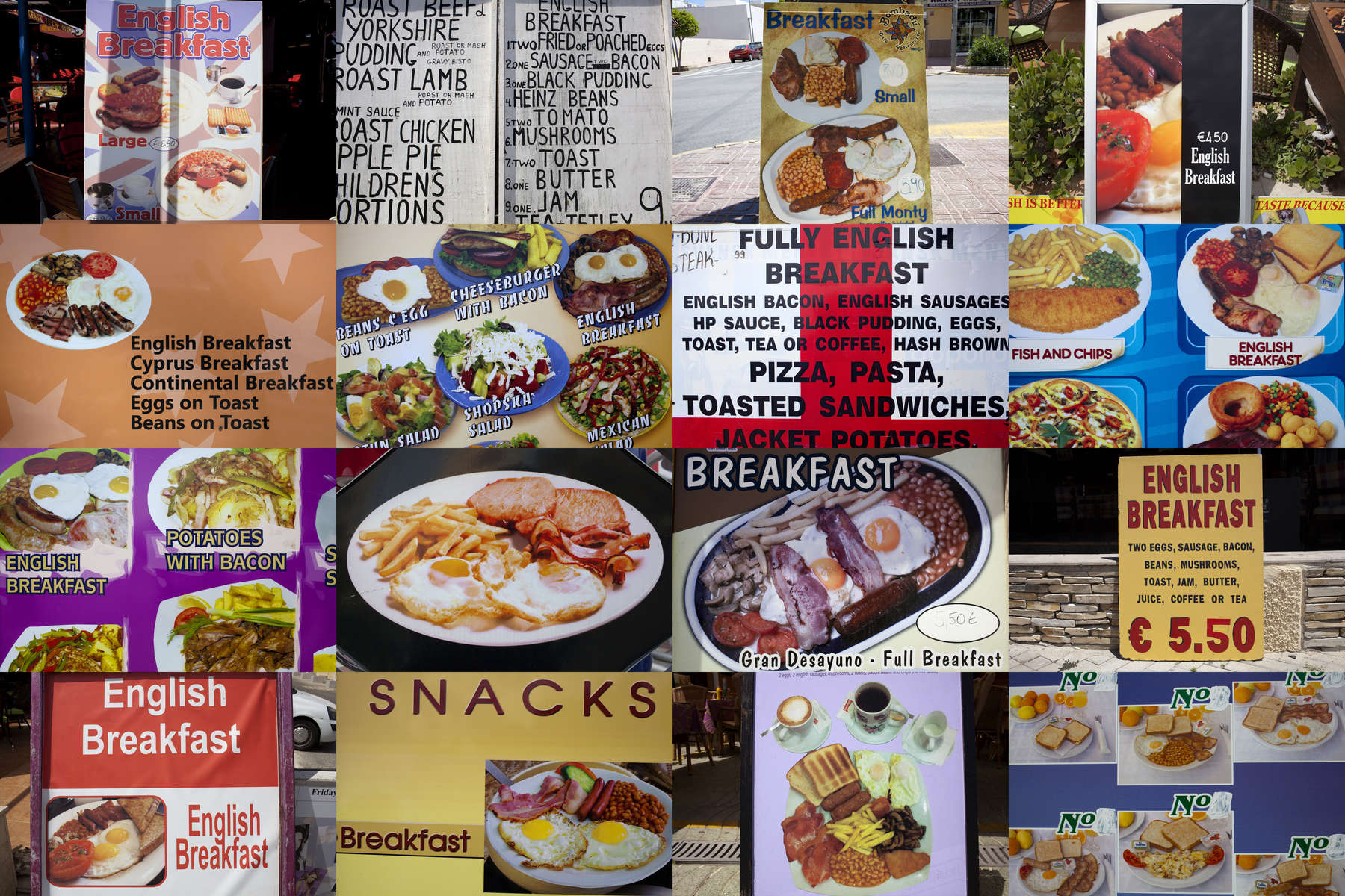 Advertisement boards for the English Breakfast available in: Ayia Napa, Cyprus; Sunny Beach, Bulgaria; San Antonio, Ibiza and Magaluf, Majorca.
