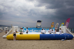 15: 54 An inflatable pool with goals at either end is filled with foam on the beach for a party organised at Sunny Beach, Bulgaria, by promotional entertainments team, The Party Crew. Enjoying the foam, among others, are friends from Norwich, Triston and Tom, with their girlfriends Danielle and Vicky.