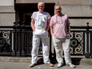 67 year old Bill (left) and Spencer (43), both painters from London, aren't worried about their jobs. St Martin's-le-Grand, London.