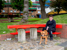 Dylan with his dog Rusty on the Byker Estate where they live. Newcastle, Tyne & Wear.
