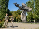 ODESSA, UKRAINE - AUGUST 28:  Military Cadets pass the monument to the hero pilots of the 69th Fighter Aviation Regiment in Odessa on August 28, 2023 in Odessa, Ukraine. (Photo by Peter Dench/Getty Images)