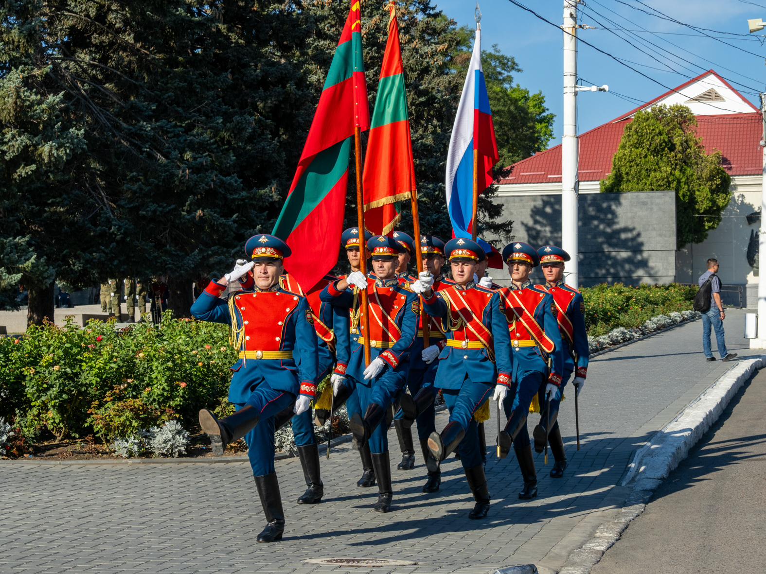 TIRASPOL, TRANSNISTRIA / MOLDOVA - SEPTEMBER 2:  The PMR honour Guard march towards the Memorial of Military Glory for a flower laying ceremony on Republic Day on September 2, 2023 in Tiraspol, Moldova (Pridnestrovian Moldavian Republic). Tiraspol is the capital of Transnistria situated on the eastern bank of the Dniester River. Republic Day is the main state holiday. Transnistria broke away from Moldova in 1990 and is unrecognised by the international community as an independent state. The de-facto administration of Transnistria is supported economically, diplomatically, and militarily by Russia, which is believed to have 1,500 soldiers stationed there. (Photo by Peter Dench/Getty Images)
