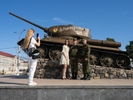 TIRASPOL, TRANSNISTRIA / MOLDOVA - SEPTEMBER 2: Soldeirs pose for a photograph with a friend next to a decomissione T-34 tank, part of the Memorial of Military Glory on Republic Day on September 2, 2023 in Tiraspol, Moldova (Pridnestrovian Moldavian Republic). Tiraspol is the capital of Transnistria situated on the eastern bank of the Dniester River. Republic Day is the main state holiday. Transnistria broke away from Moldova in 1990 and is unrecognised by the international community as an independent state. The de-facto administration of Transnistria is supported economically, diplomatically, and militarily by Russia, which is believed to have 1,500 soldiers stationed there. (Photo by Peter Dench/Getty Images)