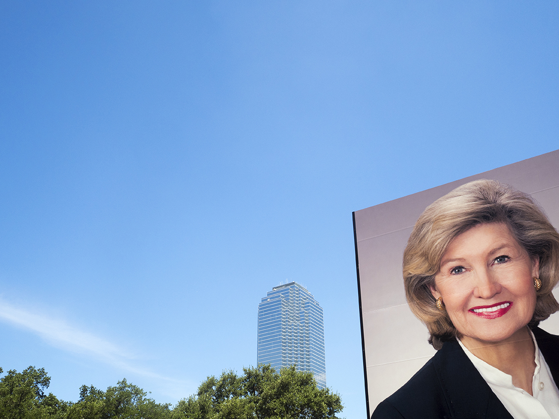 A poster of Kay Bailey Hutchison outside City Hall, Dallas.Kay Bailey Hutchison (born Kathryn Ann Bailey; July 22, 1943) is a former United States Senator from Texas. She is a member of the Republican Party. In 2001, she was named one of the thirty most powerful women in America by Ladies Home Journal. The first woman to represent Texas in the U.S. Senate, Hutchison also became the first Texas U.S. senator to receive more than four million votes in a single election.Dallas is a major city in Texas and is the largest urban center of the fourth most populous metropolitan area in the United States. The city ranks ninth in the U.S. and third in Texas after Houston and San Antonio. The city's prominence arose from its historical importance as a center for the oil and cotton industries, and its position along numerous railroad lines.For two weeks in the summer of 2015, photographer Peter Dench visited Dallas to document the metroplex in his epic reportage, DENCH DOES DALLAS.Photographed using an Olympus E-M5 Mark II©Peter Dench/Getty Images Reportage