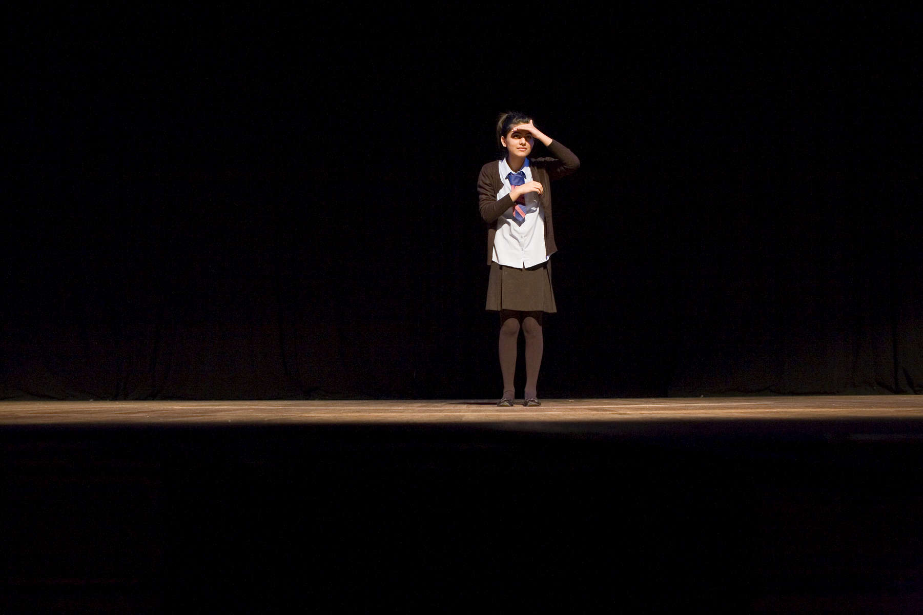Laiba Abassi on stage at The Beck Theare during a rehearsal for Shakepeare's 'Comedy of Errors' in which she was playing Adriana. The play was part of the 10th anniverary Shakespeare School Festival, the UK's largest youth drama festival with over 650 schools involved including Villers Hgh School where Laiba is a pupil.Villiers High School is in the town of Southall. It has a very wide ethnic diversity. 45 different 1st spoken languages are listed among the 1208 pupils. 25 ethnic groups are represented with Indian, Pakistani and Black-Somali the three highest.Southall is a suburban district of West London, England. The town has one of the largest concentrations of South Asian people outside of the Indian sub-continent. Over 55% os Southall's population of 70,000 is Indian/Pakistani, with less than 10% being White British.