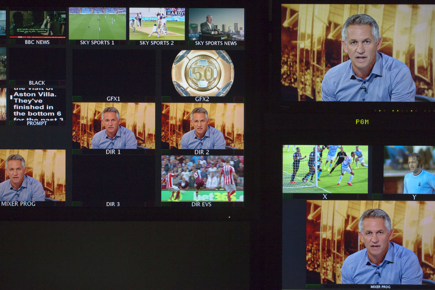Screens from a BBC production office show the live broadcast of MOTD presenter Gary Lineker.Match of the Day (often abbreviated as MOTD or MotD) is the BBC\'s main football television programme. Typically, it is shown on BBC One on Saturday evenings during the English football season, showing highlights of the day\'s matches in English football\'s top division, the Premier League. It is one of the BBC\'s longest-running shows, having been on air since 22 August 1964, though it has not always been aired regularly. The programme is broadcast from MediaCityUK in Salford Quays on the banks of the Manchester Ship Canal in Greater Manchester.Since 1999 MOTD has been presented by the former England captain Gary Lineker. Lineker is usually joined by two pundits to analyse and review the day\'s action. The former Newcastle United captain Alan Shearer is the lead pundit