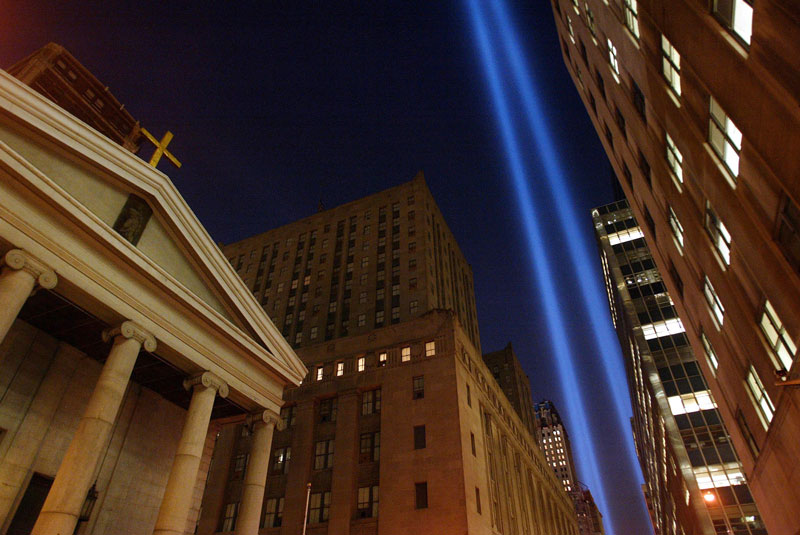 Beams of light are seen marking the first anniversary of the World Trade Center attacks of September 11, 2001.