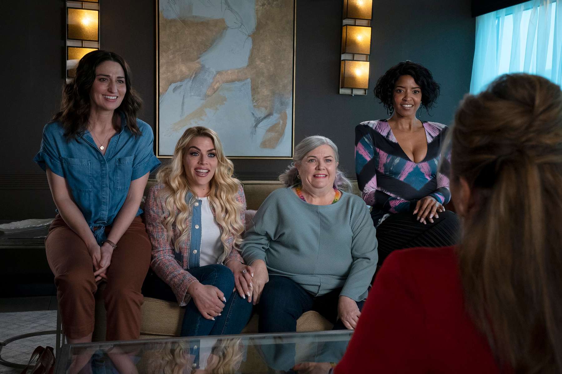 GIRLS5EVA -- {quote}A.I.R.P.I.G{quote} Episode 107 -- Pictured: (l-r) Sara Bareilles as Dawn Solano, Busy Philipps as Summer, Paula Pell as Gloria, Renée Elise Goldsberry as Wickie Roy -- (Photo by: Heidi Gutman/Peacock)