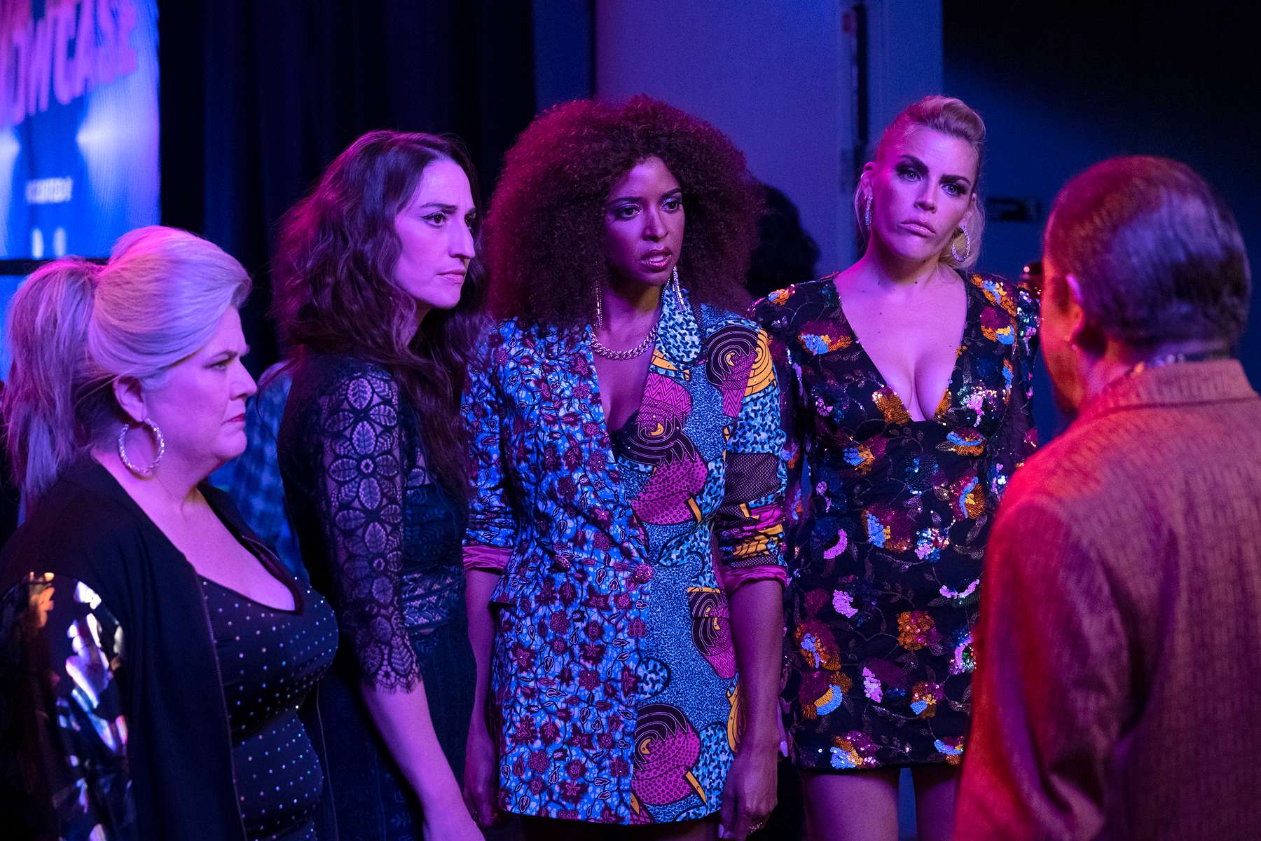 GIRLS5EVA -- {quote}Album Mode{quote} Episode 201 -- Pictured: (l-r) Paula Pell as Gloria, Sara Bareilees as Dawn, Renée Elise Goldsberry as Wickie, Busy Phillips as Summer, Jonathan Hadary as Larry Plumb -- (Photo by: Heidi Gutman/Peacock)