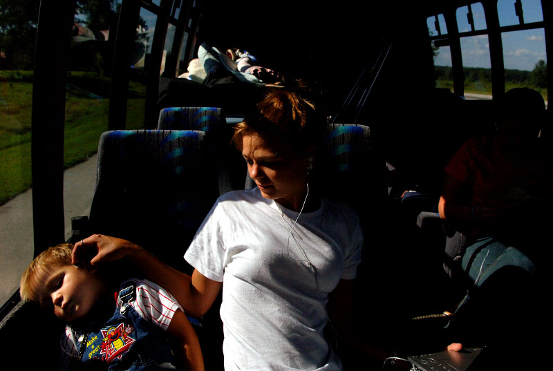 Lessie Overstreet calms her son, Christopher Russell, 3, during the 11-hour bus ride from a Red Cross shelter in Crestview, Florida, to their new home in Vero Beach, Florida.  Displaced from their home in Mississippi by Hurrincane Katrina, Overstreet and her family relocated to Florida with the help of Vero Beach businessman, David Kravitz, who raised over $40,000 to help families who were left homeless after the hurricane.