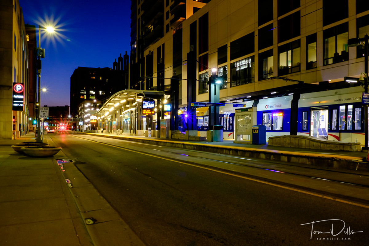 Metro Transit train in downtown Minneapolis at dusk