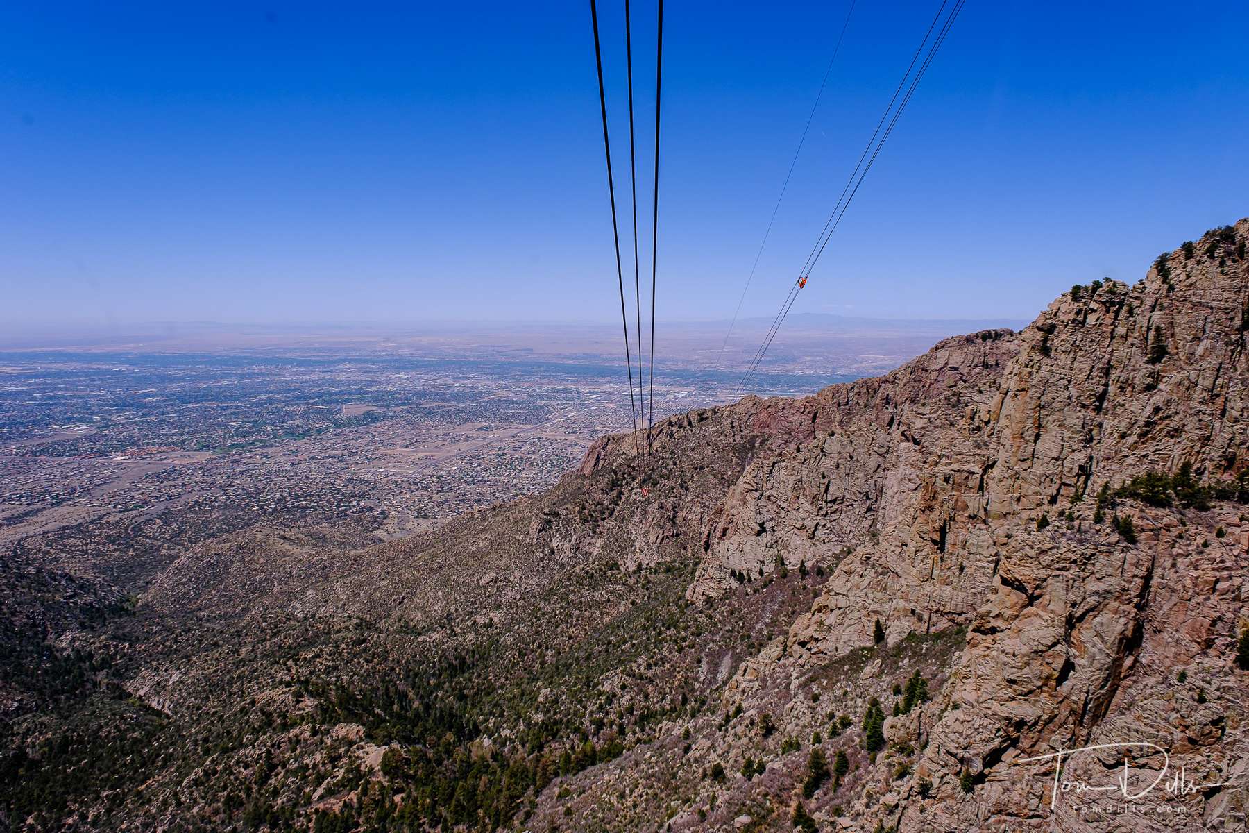 Riding the Sandia Peak Tramway to an elevation of 10,378 feet.