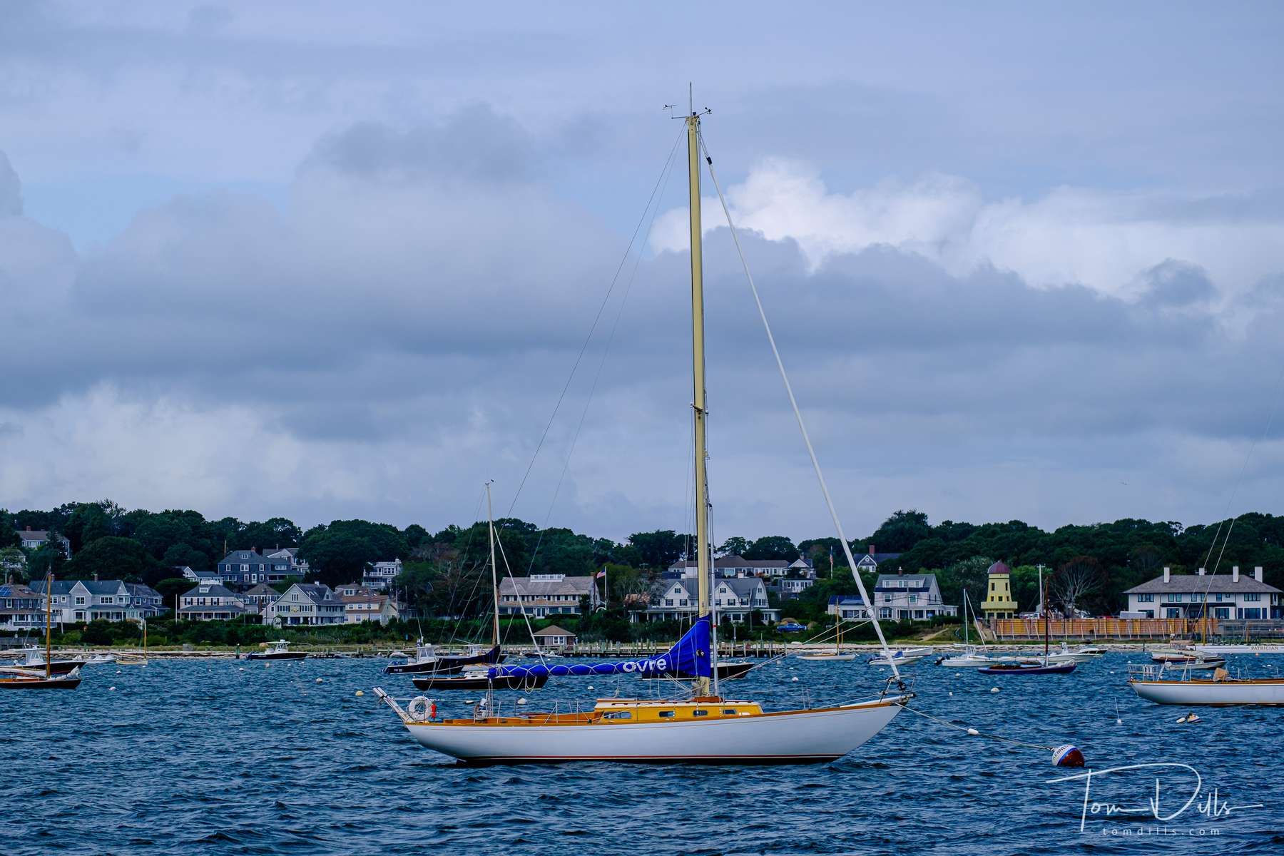 Unidentified sailboat moored to a {quote}Kennedy{quote} mooring ball off the coast of the Hyannis Port Yacht Club in Hyannis, Massachusetts