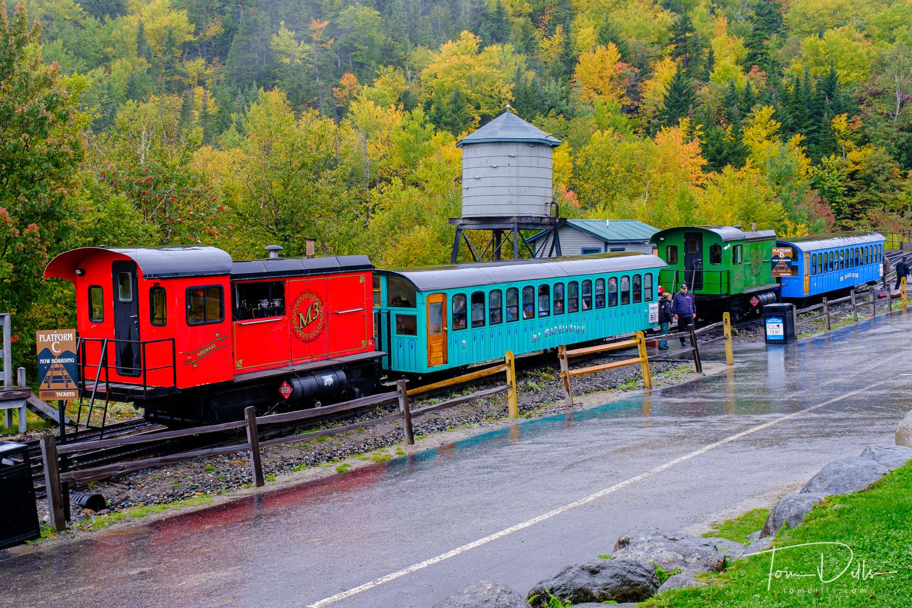Trains awaiting departure from the base station of the Mount Washington Cog Railway