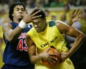 Oregon’s Bryce Taylor gets an eyeful from Arizona’s Jordan Hill during the Duck’s 78-69 win at Mac Court. Although temporarily stunned by the jab in the eye, Taylor did not suffer any injury.