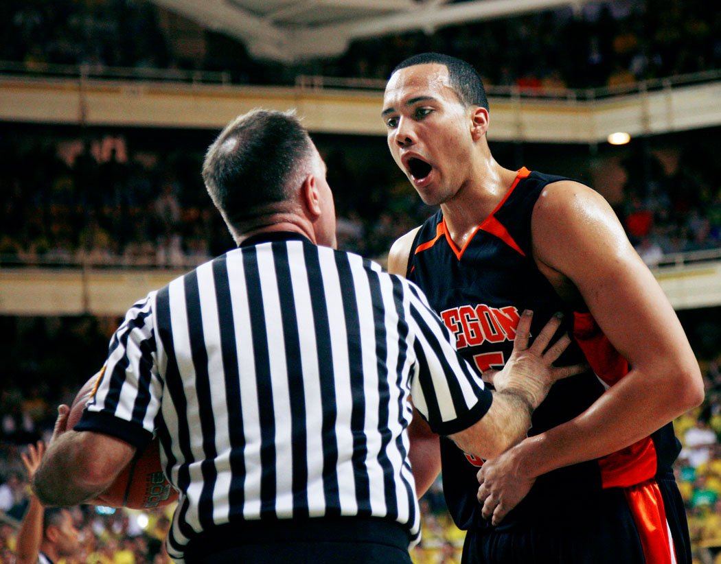 Oregon State’s Kyle Jeffers argues a loose ball foul during the heated Civil War rivalry between the Oregon Ducks and the Beavers. Oregon State’s head coach Jay John immediately pulled Jeffers out of the game.