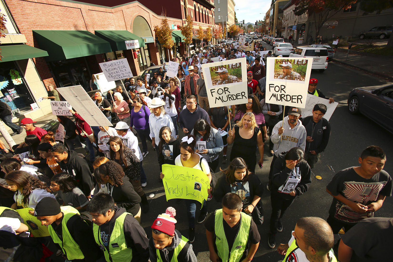 Demonstrators make their way through the streets towards the County of Sonoma Office of the District Attorney to protest the death of Andy Lopez in Santa Rosa on Tuesday, November 5, 2013. (Conner Jay/The Press Democrat) 