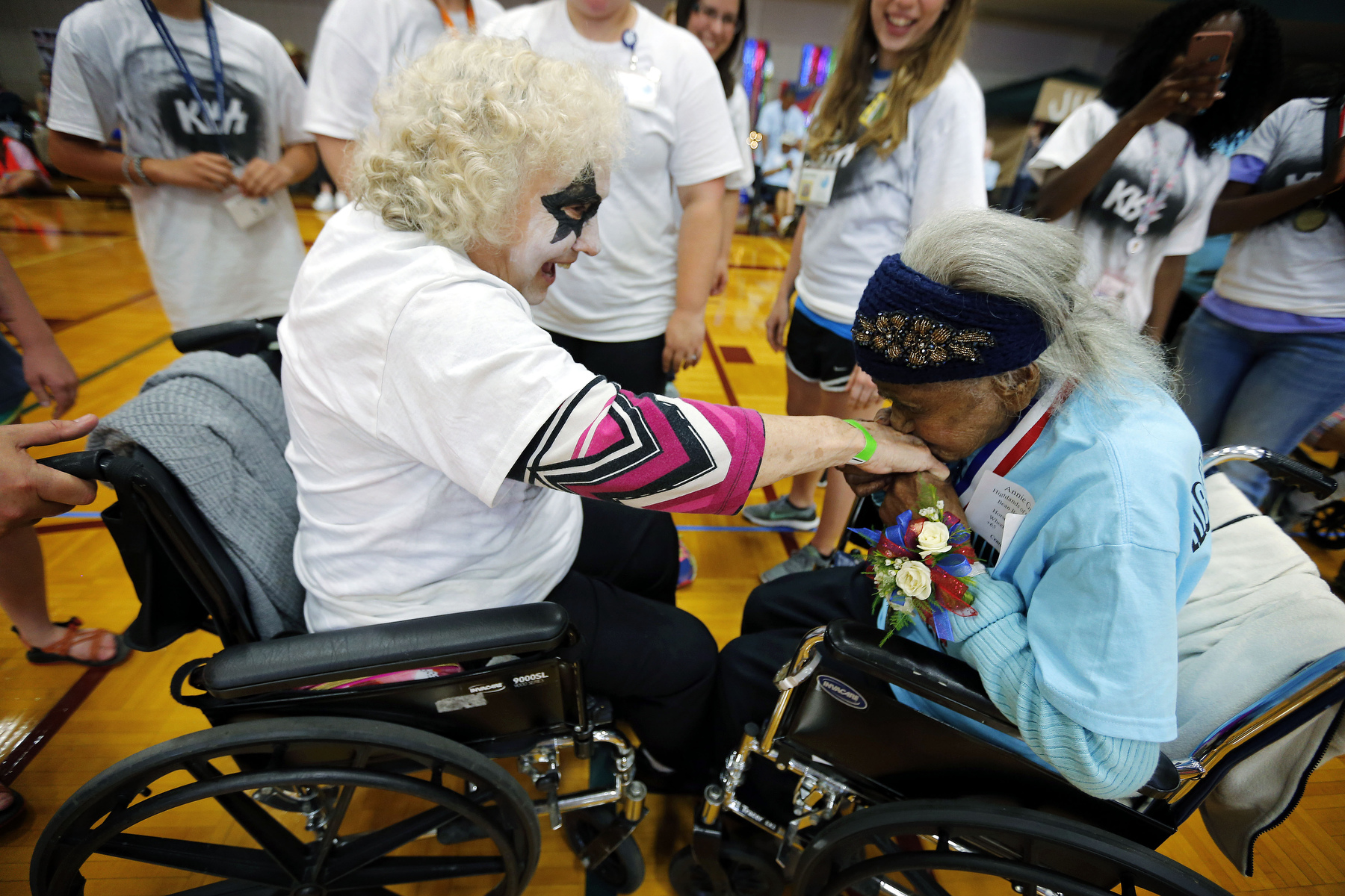 June 21, 2016 - Sue Burns, 87, is congratulated by Annie Green, 103, for her win after the two competed in the over-65 wheelchair race during the annual Nursing Home Olympics hosted by the Tennessee Health Care Association at Bellevue Baptist Church. Nineteen nursing home competed in five different events including darts, horse shoes, bean bag toss, basketball and wheelchair races broken into two age groups. (Mike Brown/The Commercial Appeal)