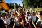 September 23, 2012 - Uma Maheswar Malireddy, dressed at Lord Shiva, is hoisted up on the shoulders of followers as they dance and chant during the Ganesh Festival of Greater Memphis at the Indian Cultural Center and Temple in Eads. The second annual event to honor the Hindu god Ganesha included a parade of floats, dancing, singing, food and performances. The event falls in the middle of Ganesh Chaturthi, a ten-day Hindu festival honoring the birthday of Lord Ganesha who is the deity of intellect and wisdom. (Mike Brown/The Commercial Appeal)
