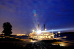 April 26, 2012 - The American Queen steamboat rests at the boat ramp on the northern tip of Mud Island as dawn breaks over Memphis on Thursday morning. For a gallery with more photos of the historic return of the American Queen visit commercialappeal.com (Mike Brown/The Commercial Appeal)