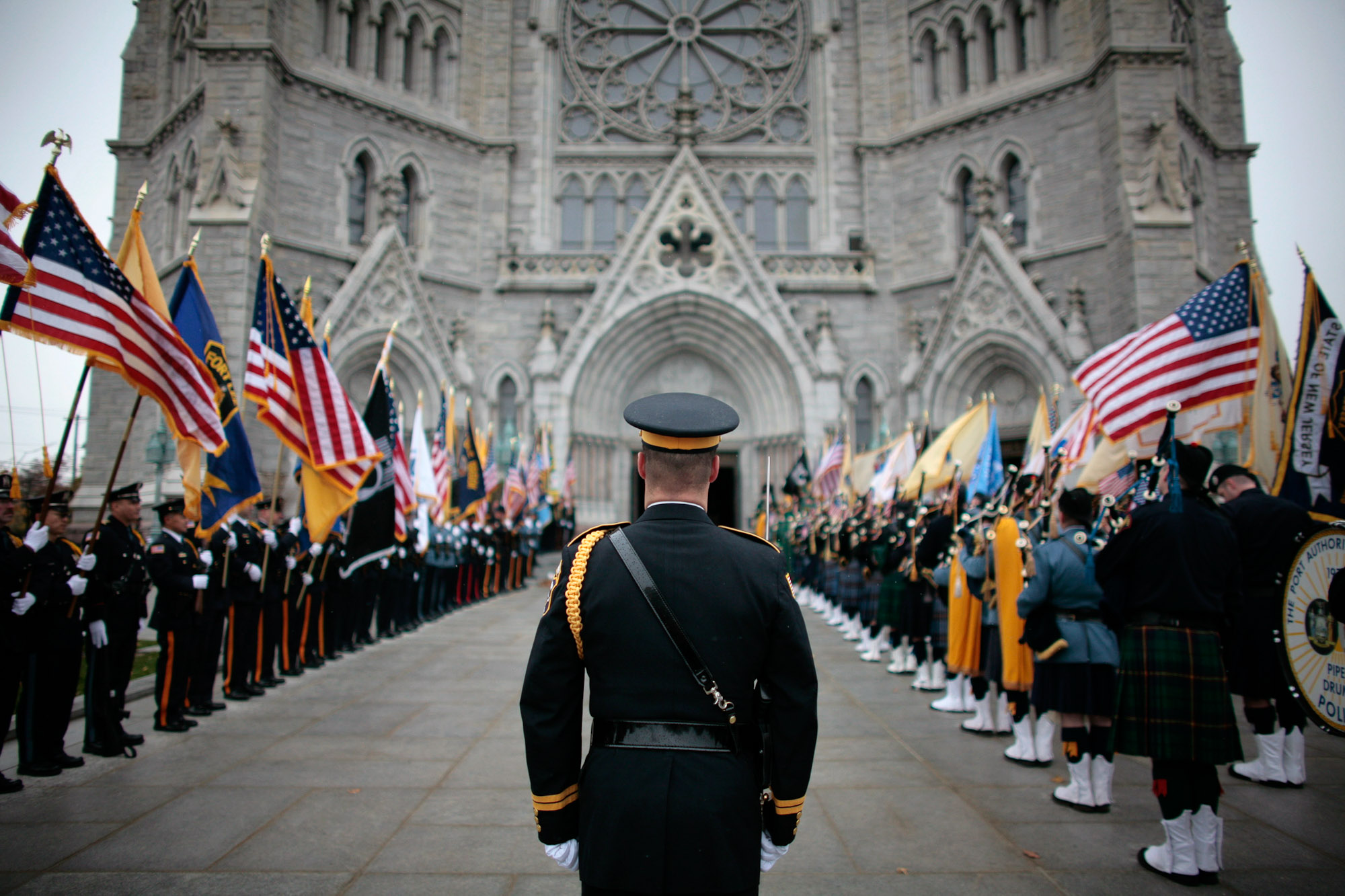 The Honor Guard prepares to enter the Cathedral Basilica  of the Sacred Heart in Newark, NJ Thursday morning for The Arch Bishop's Blue Mass for Law Enforcement  His Excellency The Most Reverend John Joseph Myers, Arch Bishop of Newark presided over the Mass. 