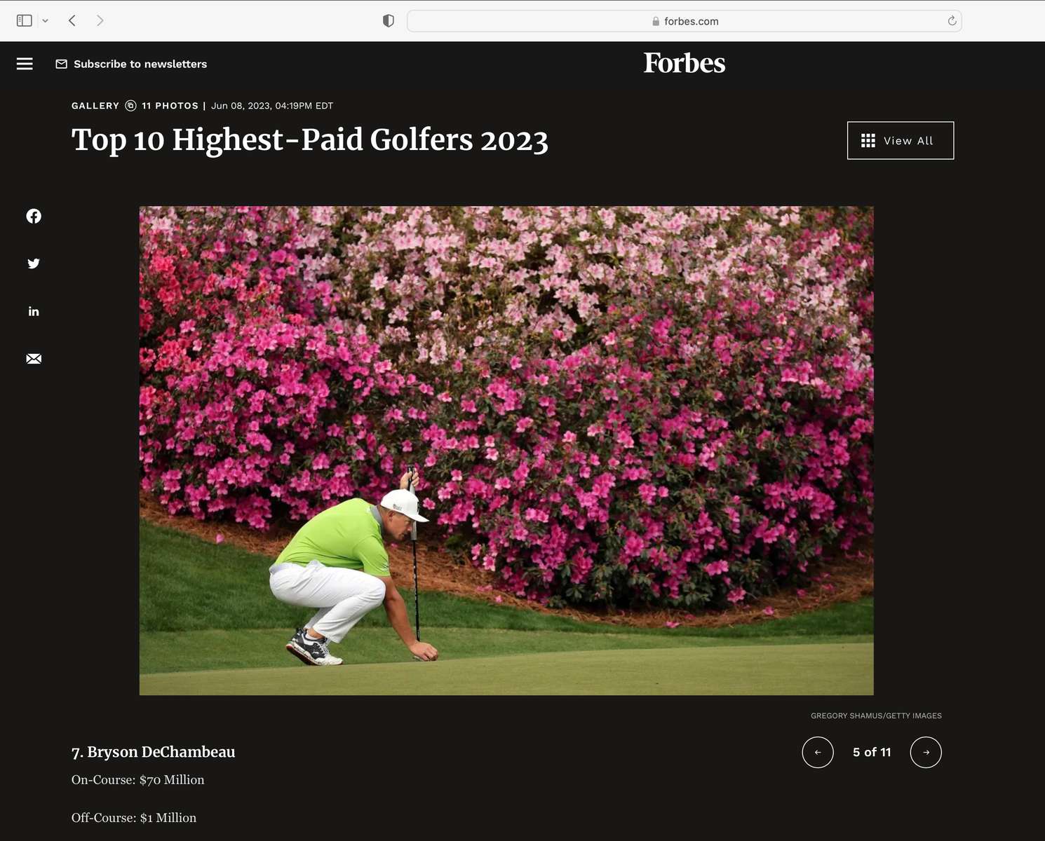 A photo gallery on the Top 10 Highest Paid Golfers + an ancillary piece  | Photo research + edit for Forbes, 2023