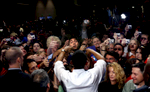U.S. Presidential hopeful Barack Obama (D-IL) greets a crowd of about 4,000 people at an event in Madison, Wisconsin, on Oct. 15, 2007.