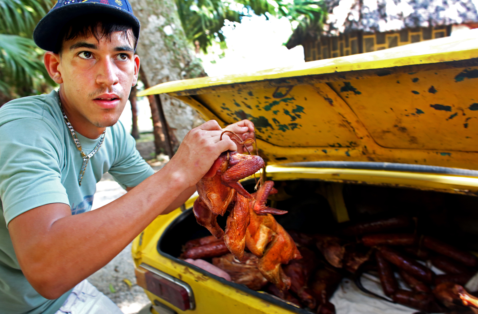 A man prepares whole grilled chicken for sale transported in the trunk of his Moskvitch, an automobile made by Russia from 1946 to 2002, before a cock-fighting event at a sports arena on April 18, 2015 in Managua, Cuba. Cock-fighting in Cuba is in the gray area of legal - state-run events such as this (non-private) functions are permitted, but not monetary betting. This is in part due to lingering bitterness over the control U.S. mafia used to exercise over casinos and prostitution in pre-revolutionary Cuba, the income from which allowed crime lords a certain level of interference in the country's political matters. 