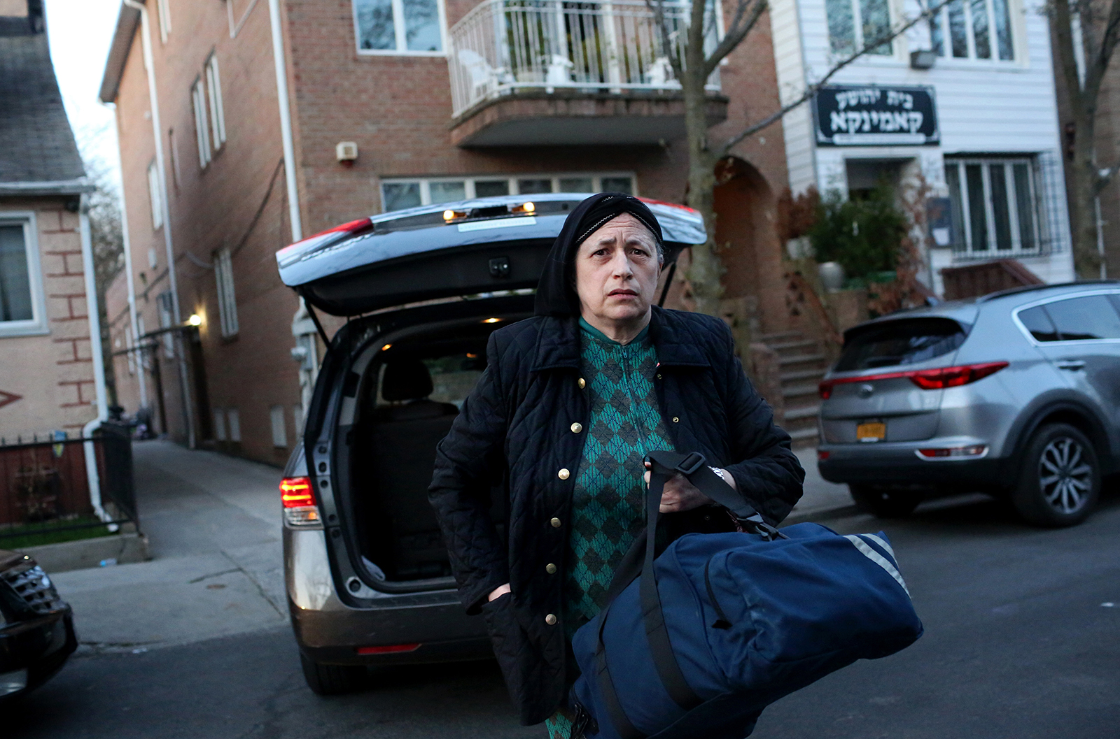 Ezras Nashim EMT Malky Felb arrives to an exercise drill at the Ezras Nashim office in Brooklyn, NY on April 06, 2021. (Photo by: Yana Paskova for The New York Times/the National Geographic Society)
