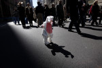 Fourteen-month-old Ellie Englund watches her bunny-outfitted shadow at the Easter Day Parade on 5th ave. between 49th and 57th st. on March 23, 2008 in New York, New York. The parade attracted hundreds of people who wanted to show off their Easter garb. (For Getty Images)