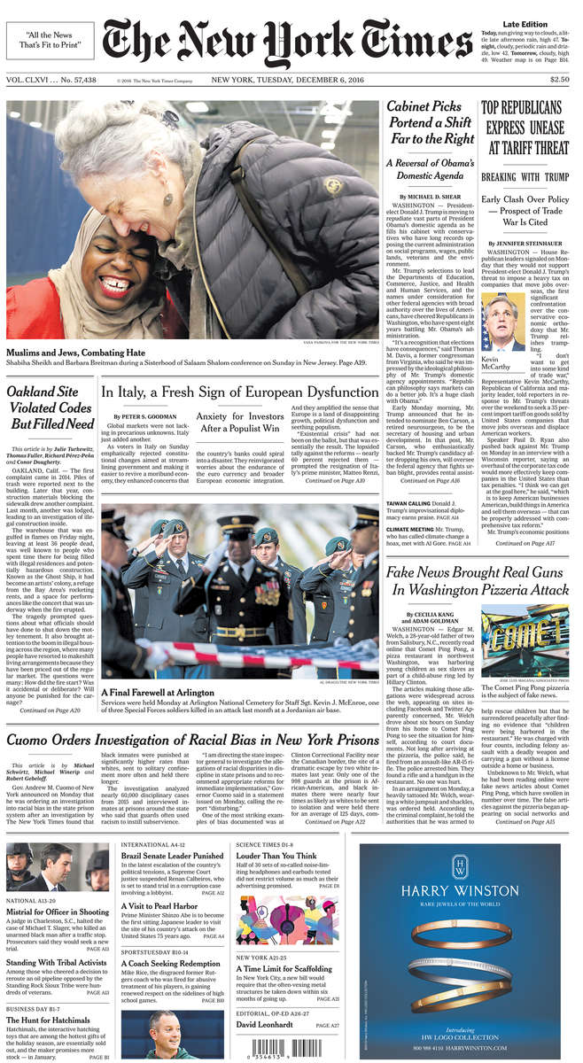 The New York Times front page(top photo above fold)