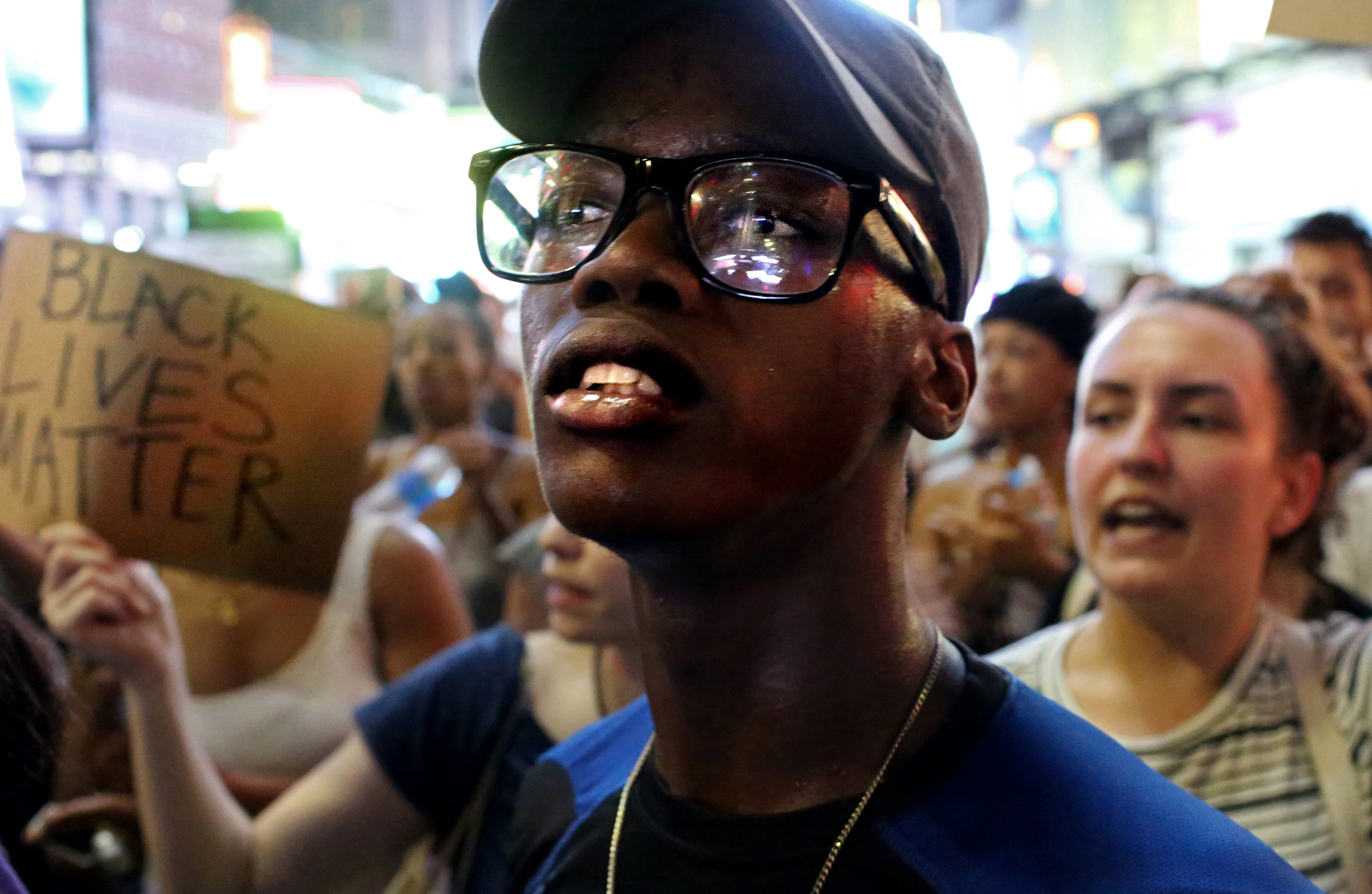 Activists protest in Times Square in response to the recent fatal shootings of two black men by police, July 7, 2016 in New York, NY. Protests and public outcry have grown in the days following the deaths of Alton Sterling on July 5, 2016 in Baton Rouge, Louisiana and Philando Castile on July 6, 2016, in Falcon Heights, Minnesota. (For Getty Images)