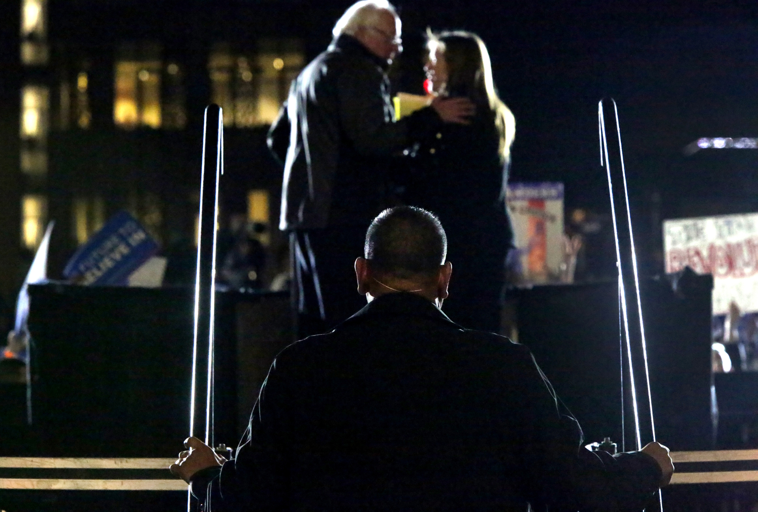 U.S. Presidential candidate Bernie Sanders (I-VT) and his wife, Mary Jane O'Meara Sanders, wave goodbye to a crowd gathered at Washington Square Park in Manhattan, NY, on April 13, 2016. (For Washington Post)