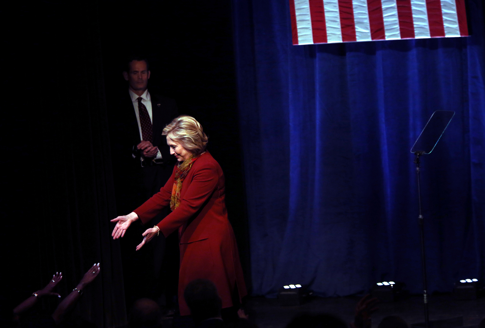 Democratic Presidential candidate Hillary Clinton greets the audience after speaking at the Schomburg Center for Research in Black Culture in Manhattan, NY, on February 16, 2016. (For Washington Post)