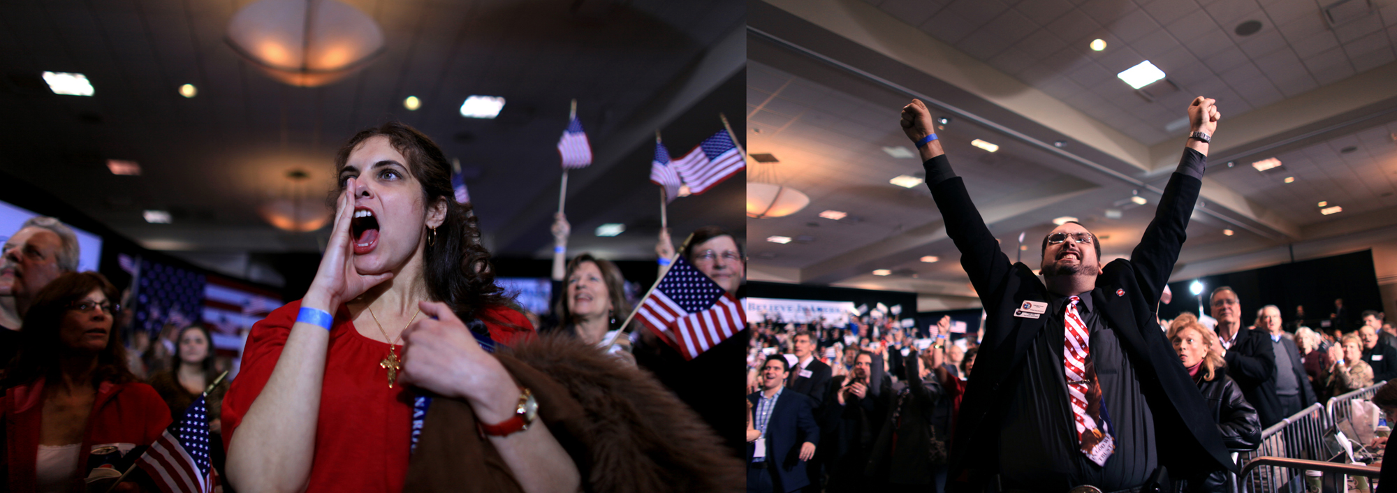 (L-R) Jennifer Harper cheers while watching Republican Presidential candidate Mitt Romney (R-MA) take a slight lead over his rival, Rick Santorum (R-PA) in the battle for primary elections in Romney's home state in Novi, Michigan on Tuesday, February 28, 2012; and Scott Czasak screams out in joy while watching the results of primary elections in the home state of Republican Presidential candidate Mitt Romney (R-MA), as it is announced he has defeated his rival, Rick Santorum (R-PA) in Novi, Michigan on Tuesday, February 28, 2012.  