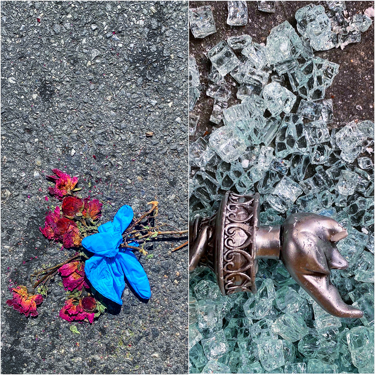 (Diptych, L-R) Gloves tied to dried roses, and a broken liberty torch amongst shattered glass, during heavy protesting against police brutality in New York, June of 2020. Yana Paskova/NPR