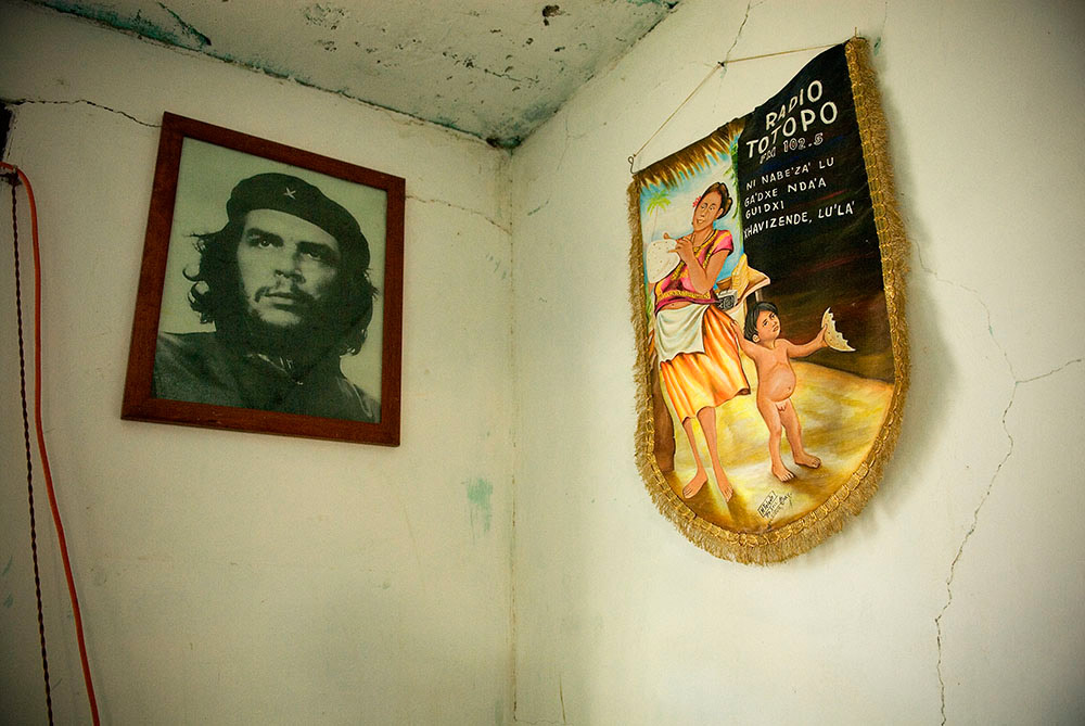 Inside pirate radio station Radio Totopo. The station provides public service announcements and promotion for Mexfam activities.