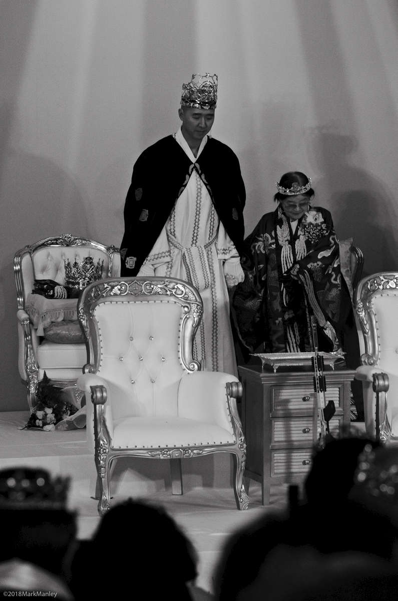 The Rev. Hyung Jin Moon presides over the ceremony. Seated behind him is Hyun Shil Kang, recognized by church members to be the first disciple and follower of the late Rev.  Sun Myung Moon, founder of the Unification Church. She is considered to be the late Rev. Moon's spiritual wife.