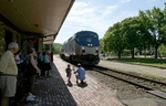 An Amtrak train rolls into the Kirkwood station on it's scheduled run to Kansas City on Saturday, June 23, 2012.  The city of Kirkwood fought to keep it's Amtrak station open, arranging for volunteers to staff to station when Amtrak wanted to close it.  Photo By David Carson, dcarson@post-dispatch.com