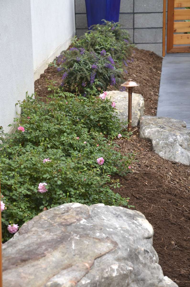 The use of natural stone and custom outdoor lighting throughout  helps soften the landscape and adds visual interest.