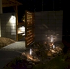 Entry into the backyard, as seen here in the evening, is accentuated by cedar privacy gates.