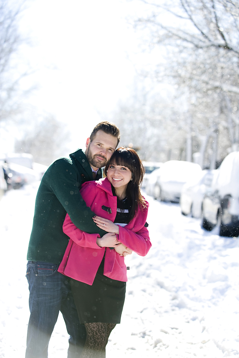 engaged couple during their snowy winter Hoboken engagement session. Hoboken wedding photographers