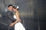 Portrait of bride and groom at Liberty State Park before their wedding at Liberty House. 