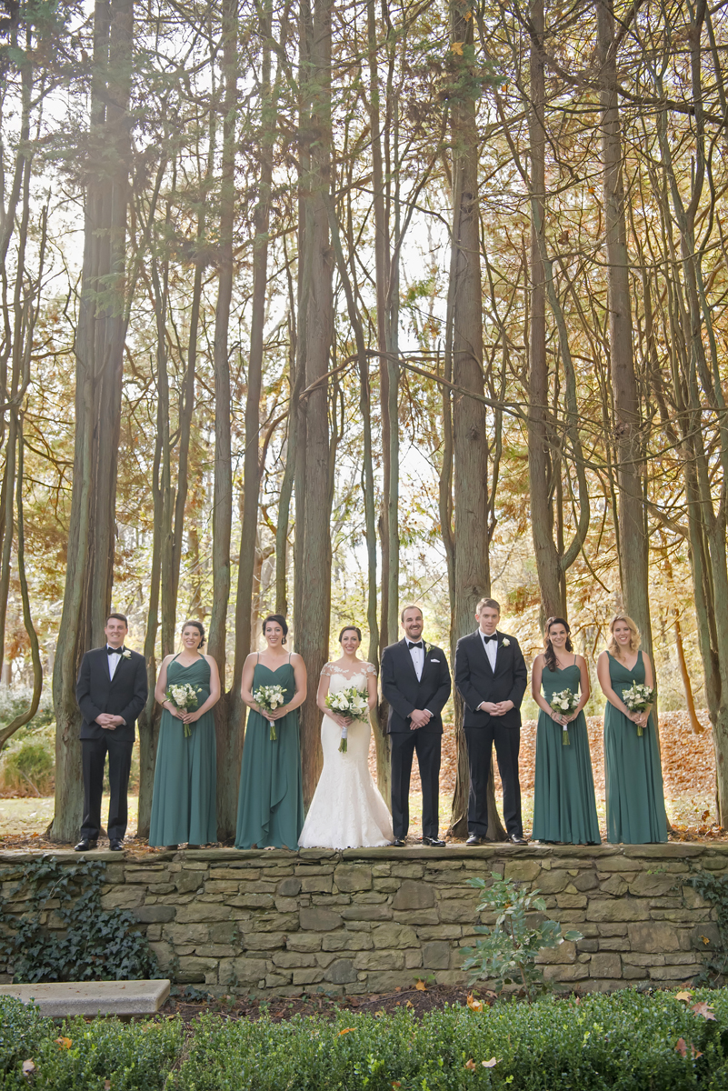 Creative wedding party portrait at Ridley Creek State Park.  Philadelphia wedding photographers