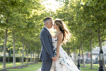 Hoboken engagement session with sunkissed couple along tree-lined path