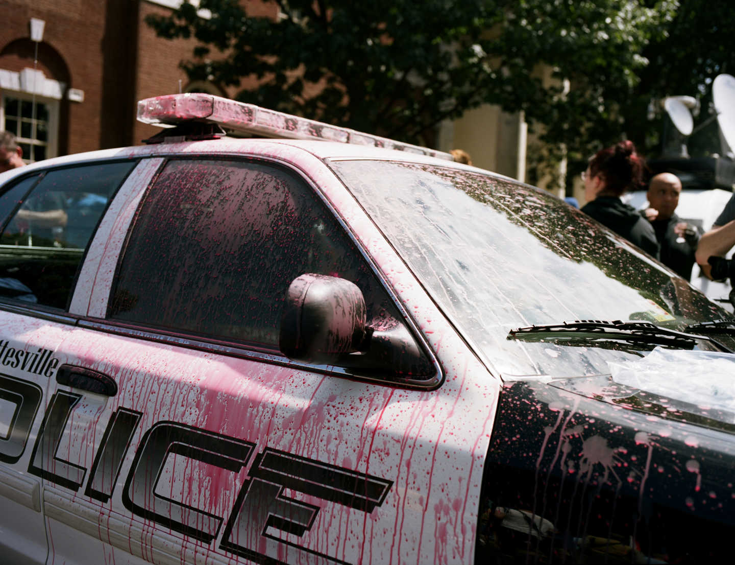 A police car covered in pink paint during the protests in Charlottesville, Virginia, the first woke the nation to the current wave of pro white activism. 