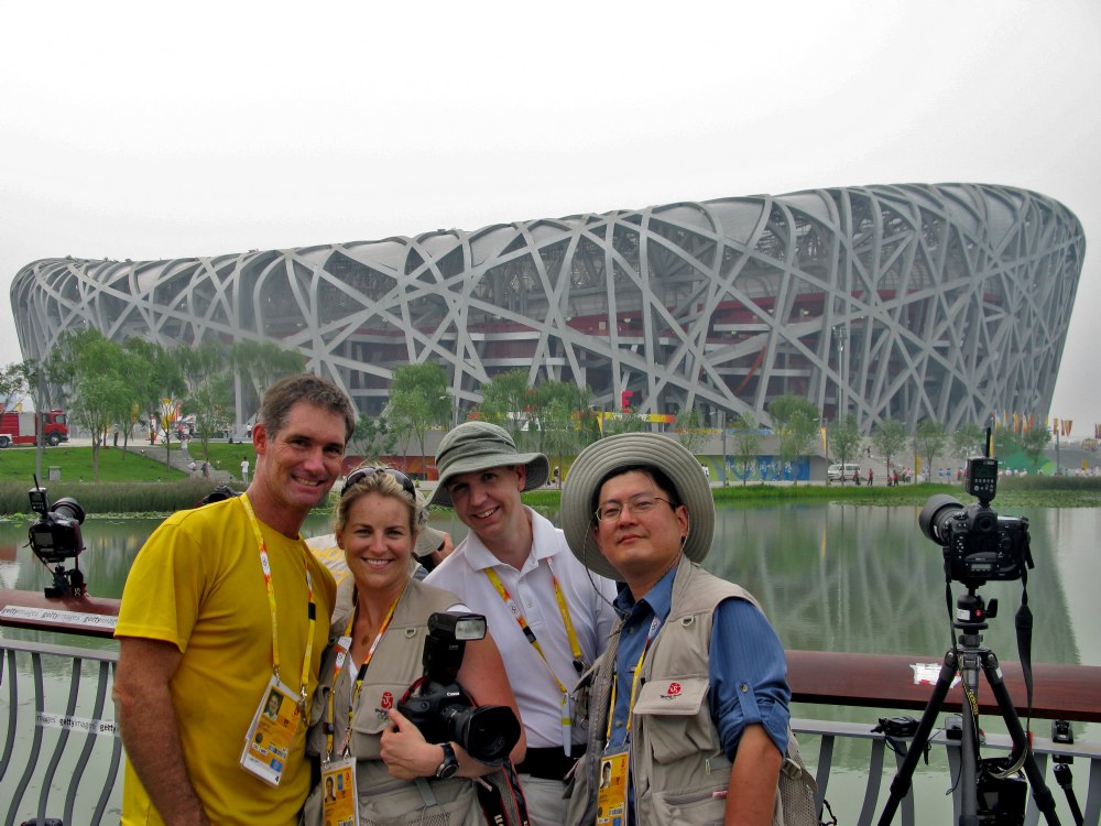 Getting ready to shoot the fireworks during opening ceremonies of the Beijing games with Erich Schlegel, Smiley Pool and another photographer.  It would have been good to know that the finial fireworks were going to be over our heads and not the Bird's Nest...We were covered in ashes and my hair almost caught fire.